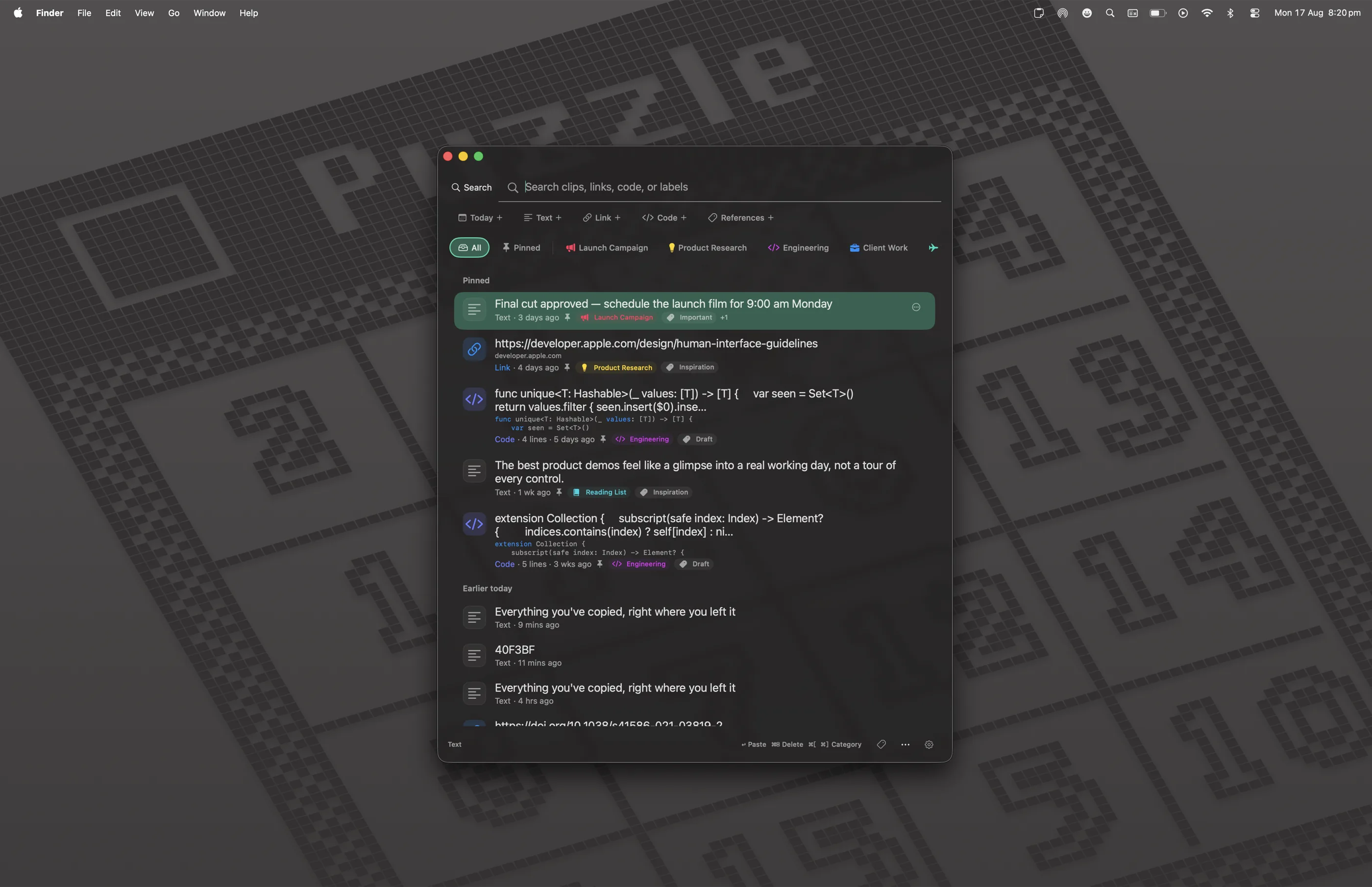 Stowpad open on a Mac desktop, showing pinned clips, code, links and colours.