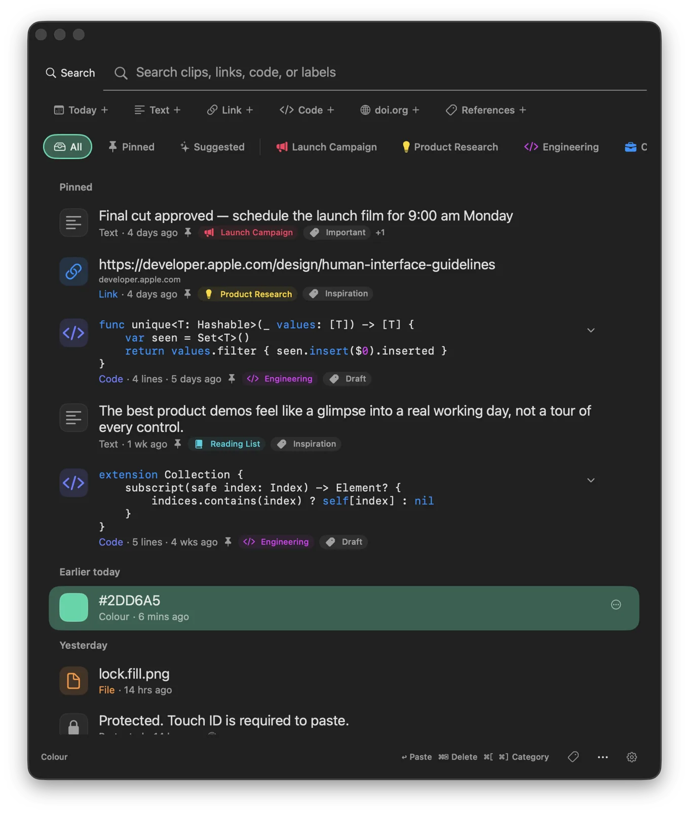 Stowpad clipboard history with pinned text, links and expanded code clips.