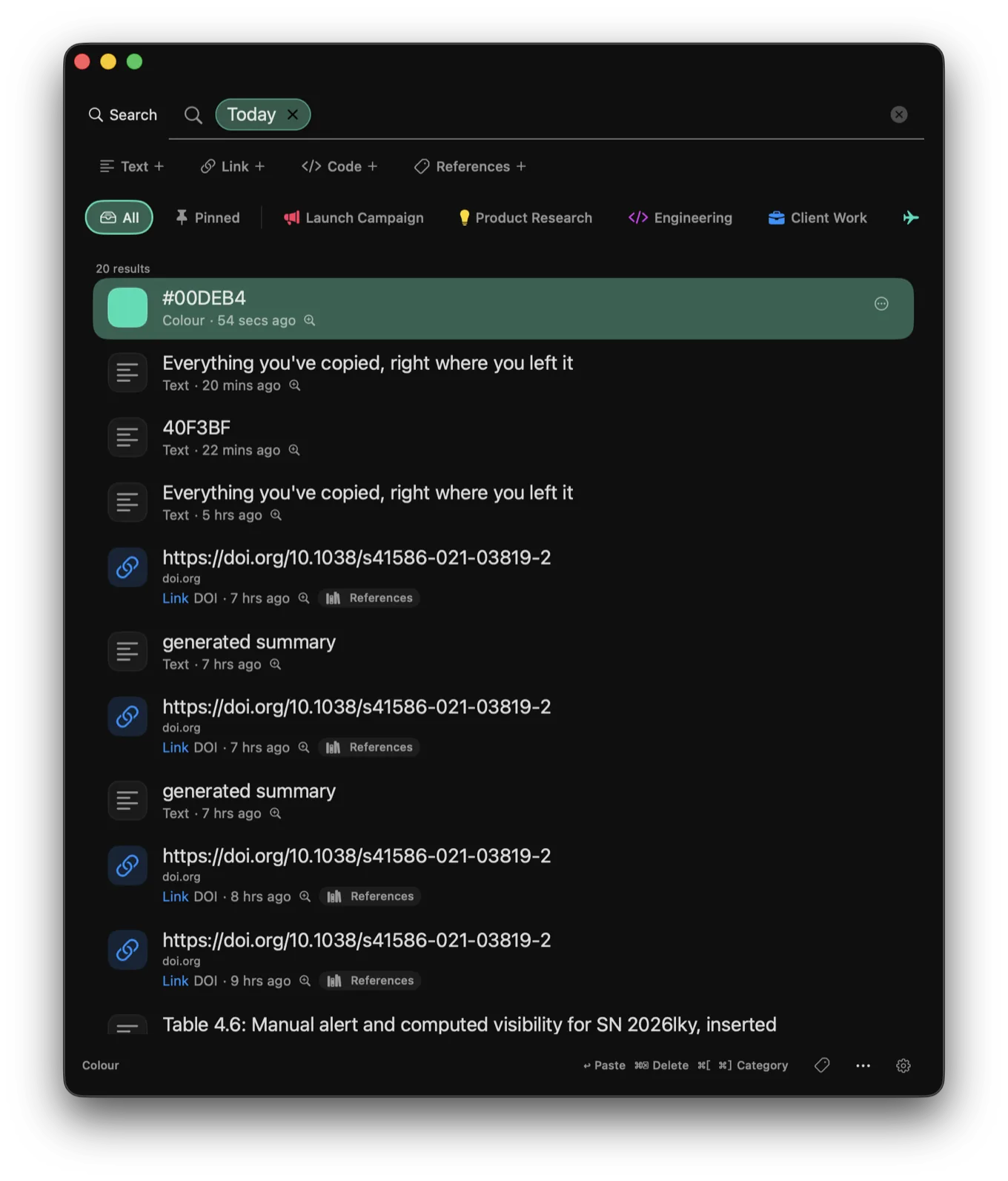 Stowpad clipboard history showing clips copied today.