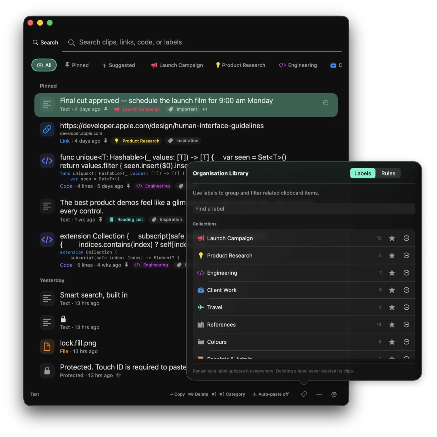 Organisation library open over the clipboard history, with collections such as Launch Campaign, Engineering and References.