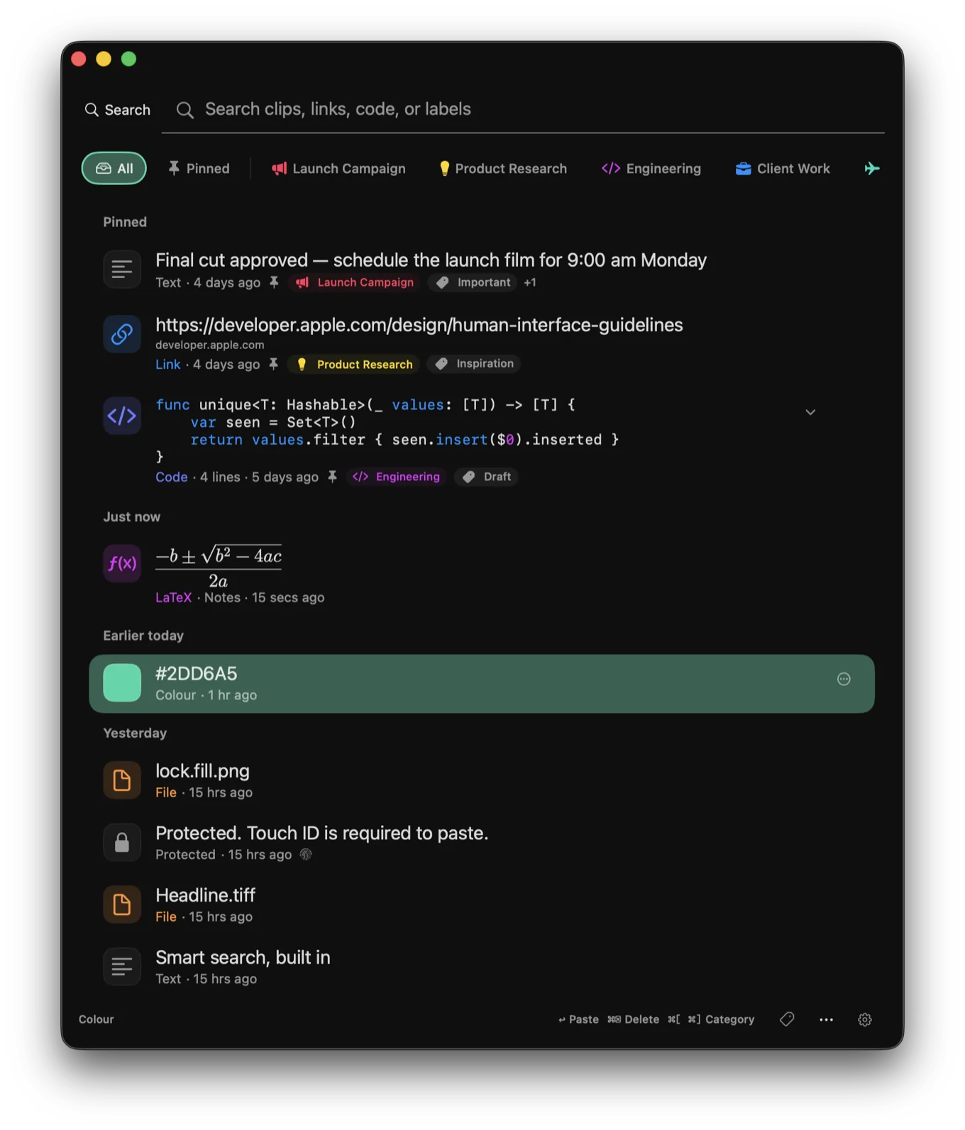 Clipboard history with a rendered LaTeX formula, a colour swatch, files and a protected clip.