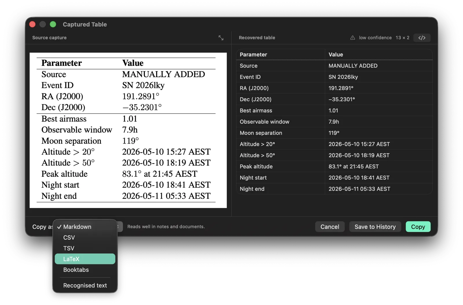 Stowpad reconstructing rows and columns from a table selected on screen.